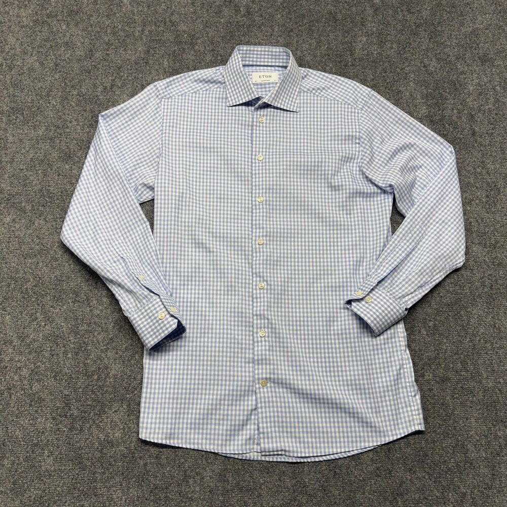 Eton Contemporary Men's 15.5 39 Blue White Gingham Check Dress Shirt
